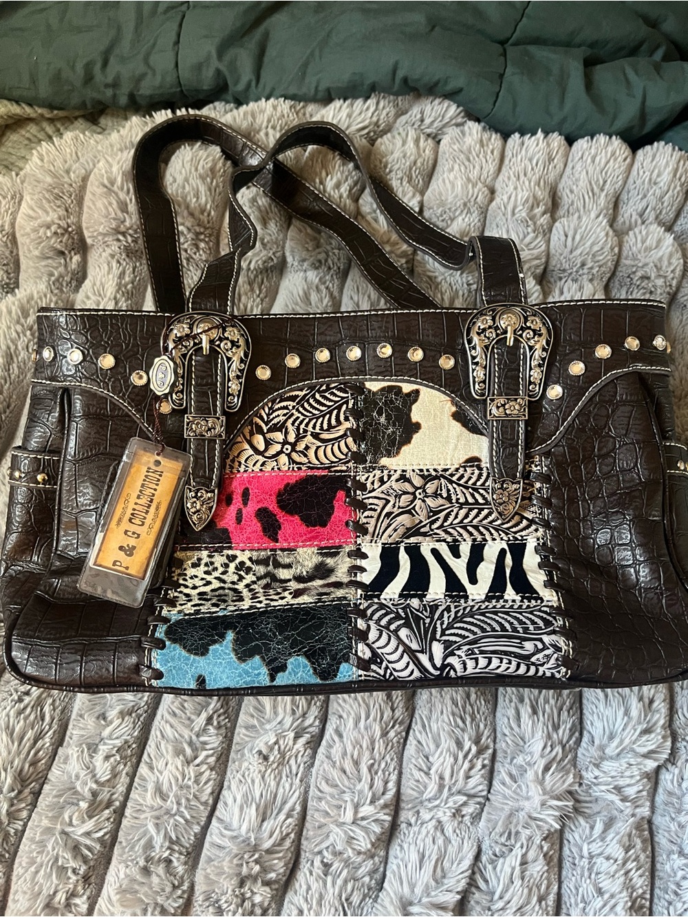 NWT P&G Collection Western Patchwork Studded Shoulder Bag Bling Leather Metal